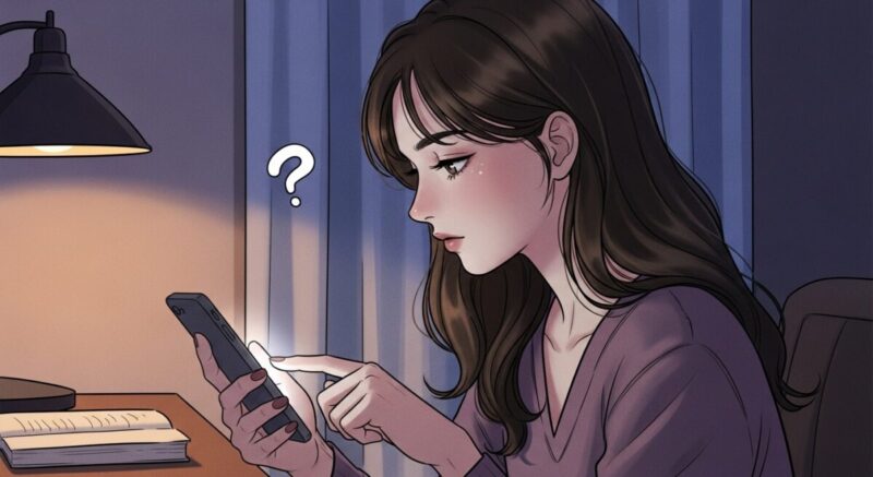 スマホを手に迷いながらLINEを送るか悩む女性のイラスト