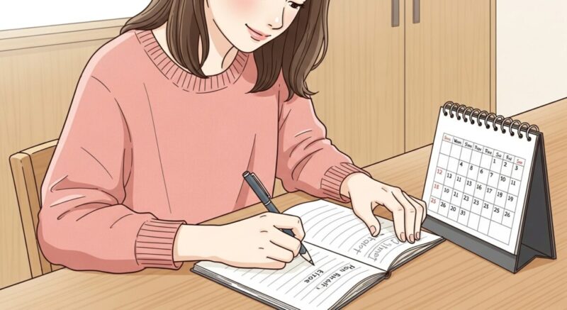 冷却期間中の生活を整える女性の落ち着いたイラスト