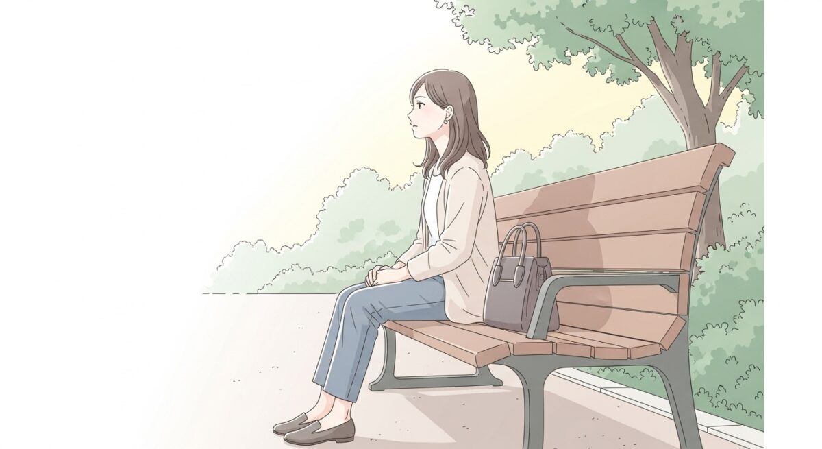 冷却期間中に感情を整理している女性が、公園のベンチで物思いにふけるイラスト