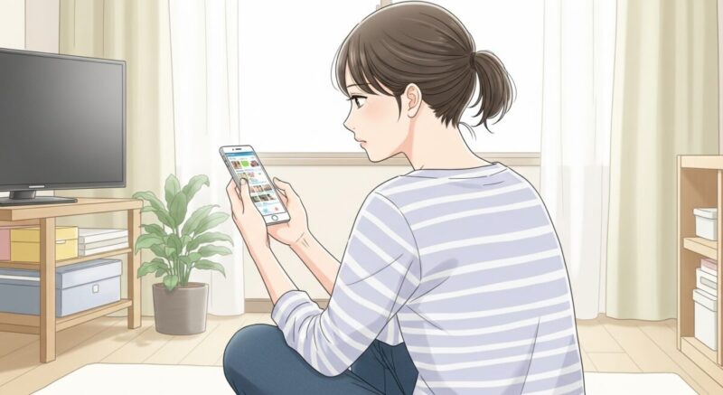 スマホで元恋人のSNSを確認しながら迷っている女性の後ろ姿のイラスト