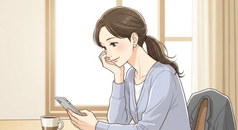 スマホで短いメッセージを送る女性の穏やかな表情を描いたイラスト