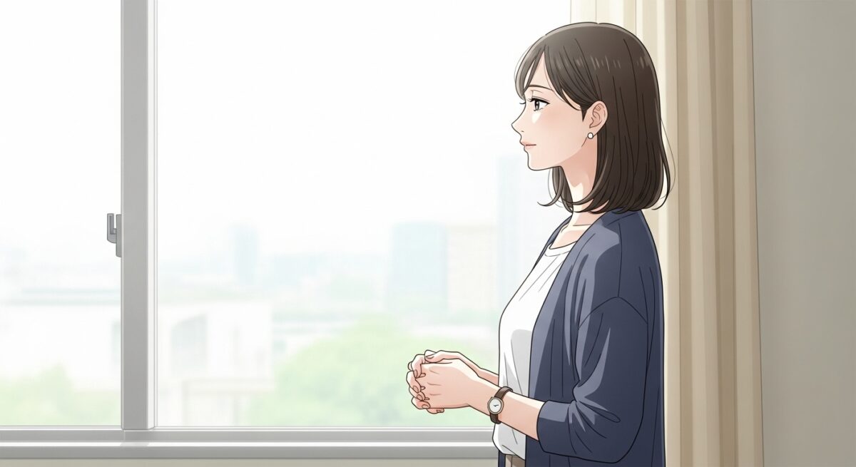 窓辺で静かに物思いにふける30代の日本人女性の繊細なイラスト