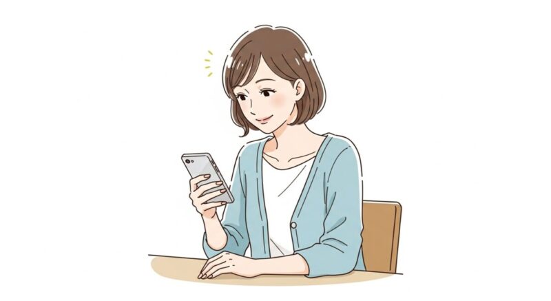 スマートフォンの画面を見ながら微笑む日本人女性の穏やかなイラスト