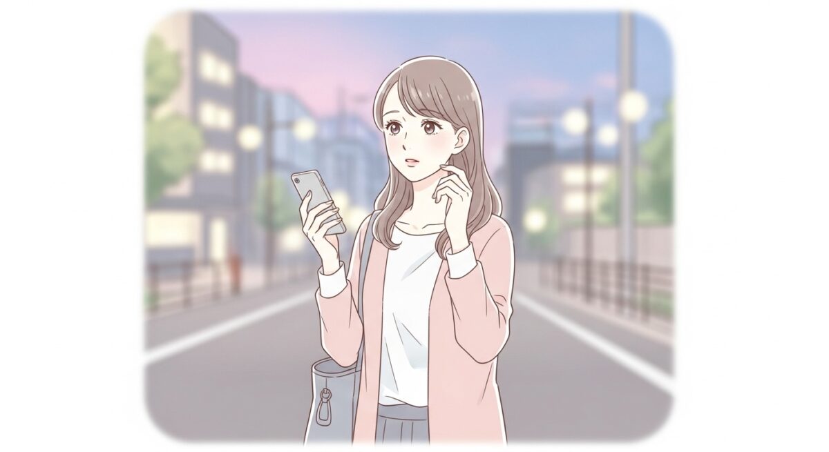 冷却期間の終わりに再会を迷う女性が、夕暮れの街角で思案しているイラスト