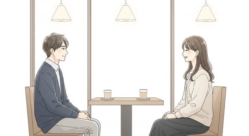 カフェで穏やかに再会している男女のイラスト（横顔）