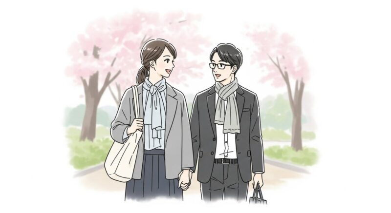 春の公園をゆっくり歩きながら会話をする二人のイラスト