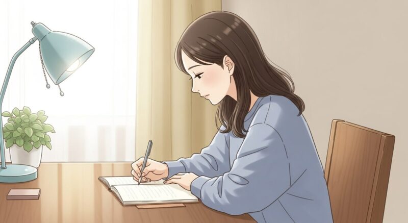 自分の感情を手帳に書き出して客観視する女性のイラスト