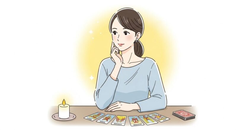 タロットカードを前に悩みを占っている女性のイラスト
