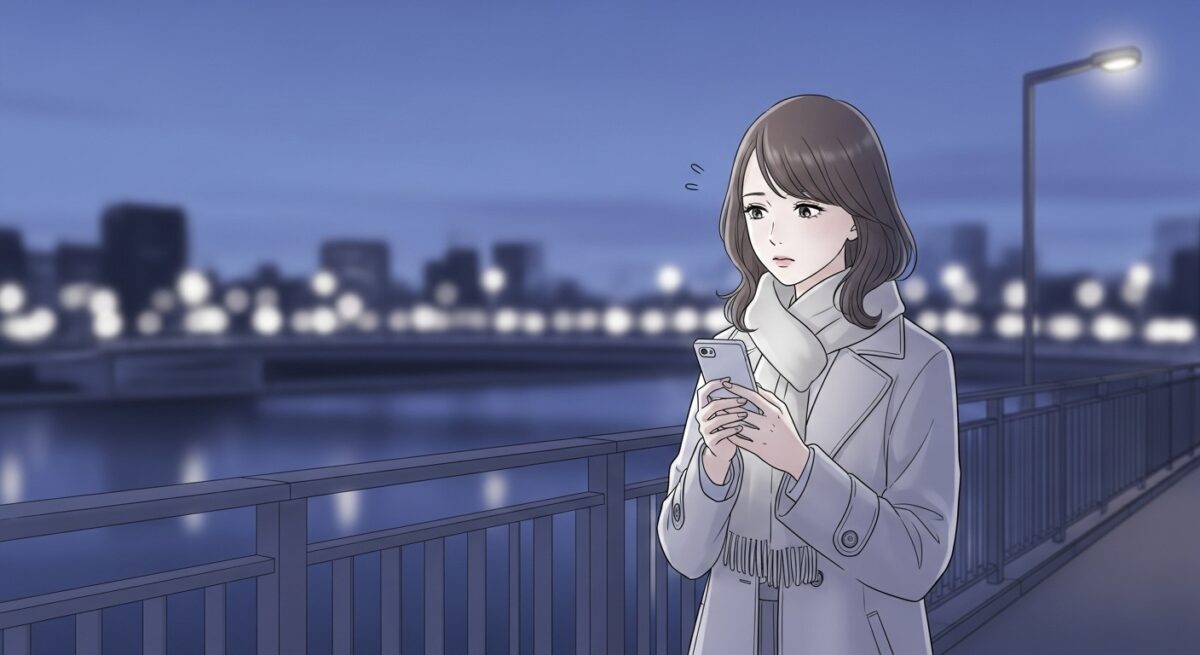 夕暮れ時の歩道橋でスマホを見つめる日本人女性のイラスト(静かな決意の表情)