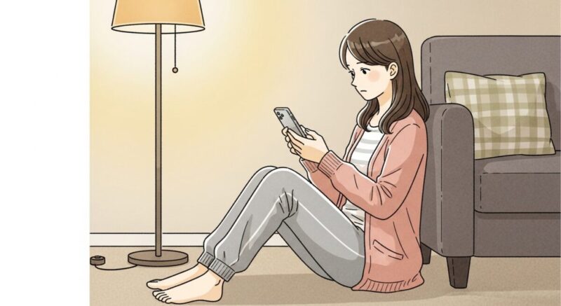 リビングでくつろぎながらSNSをチェックする日本人女性のイラスト(落ち着いた部屋)