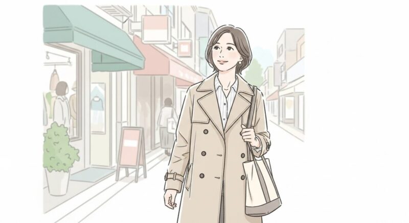 ショッピング街を歩きながら微笑む日本人女性のイラスト(思い出をふと思い出した表情)
