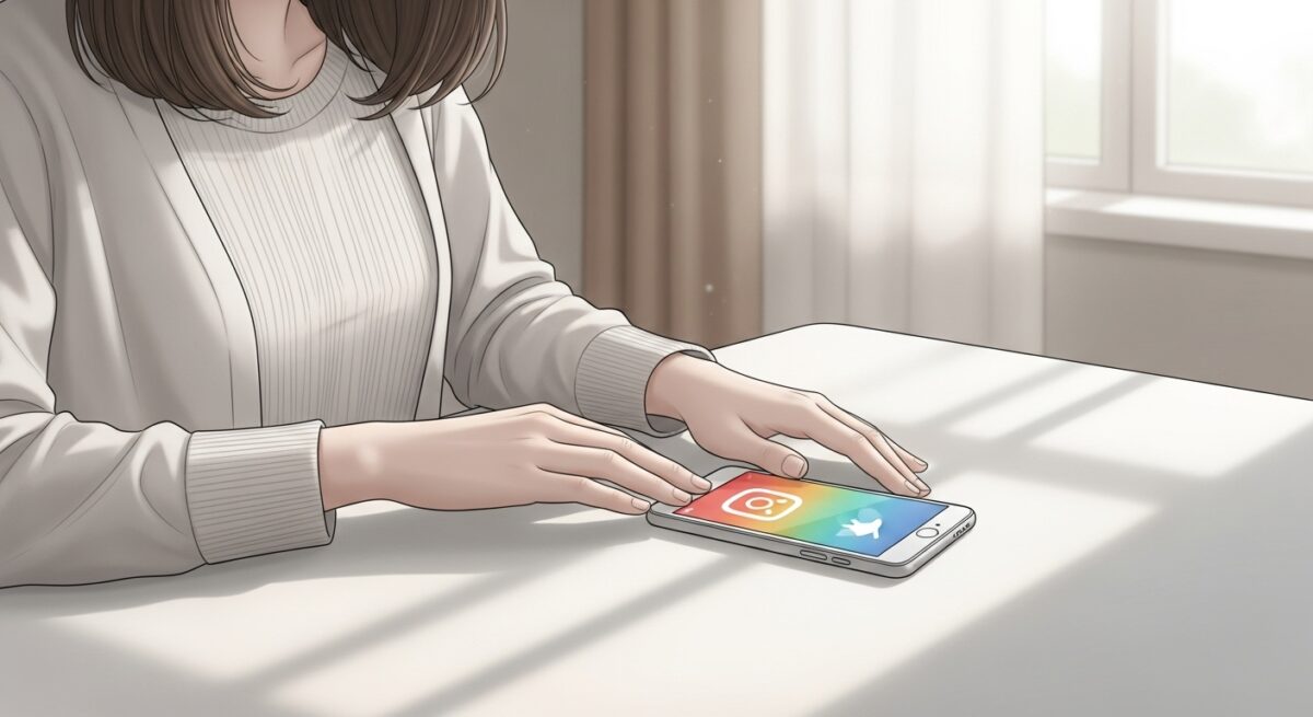 スマホを伏せてテーブルに置く女性の繊細なイラスト。SNSとの距離を取る冷静さと内面の静けさを表現。