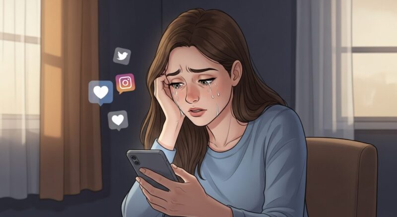 SNSを見て不安そうな表情を浮かべる女性のイラスト。感情に飲み込まれそうな様子を繊細に表現。
