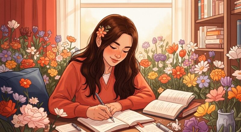 ノートに前向きな思いを綴る女性のイラスト。自分を整える穏やかなひとときを描写。