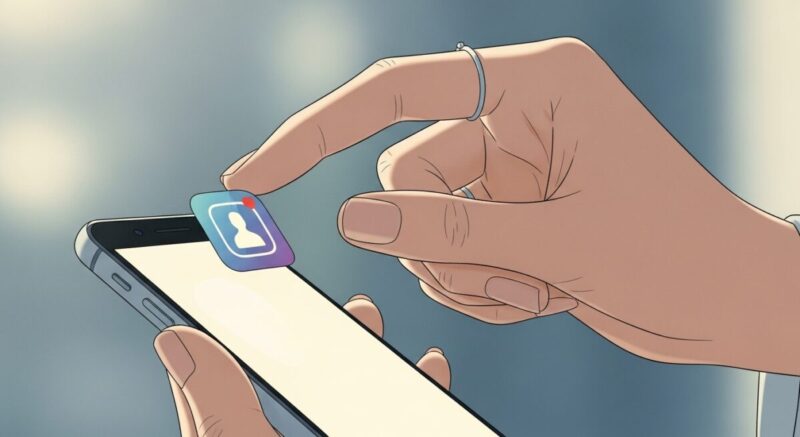 スマホのSNSアプリを削除する女性の指先を描いたイラスト。冷静な決断の瞬間を表現。