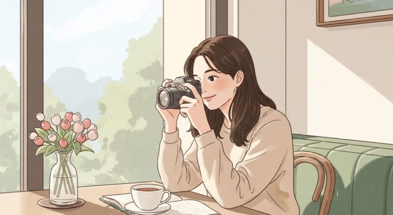 穏やかな日差しのカフェで微笑みながら自分時間を過ごす女性のイラスト。