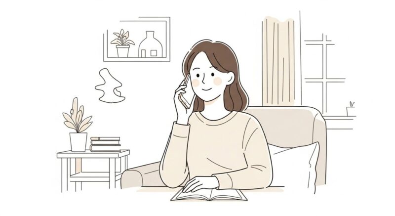 静かな部屋で電話相談をする女性の後ろ姿のイラスト。信頼して話す穏やかな雰囲気。