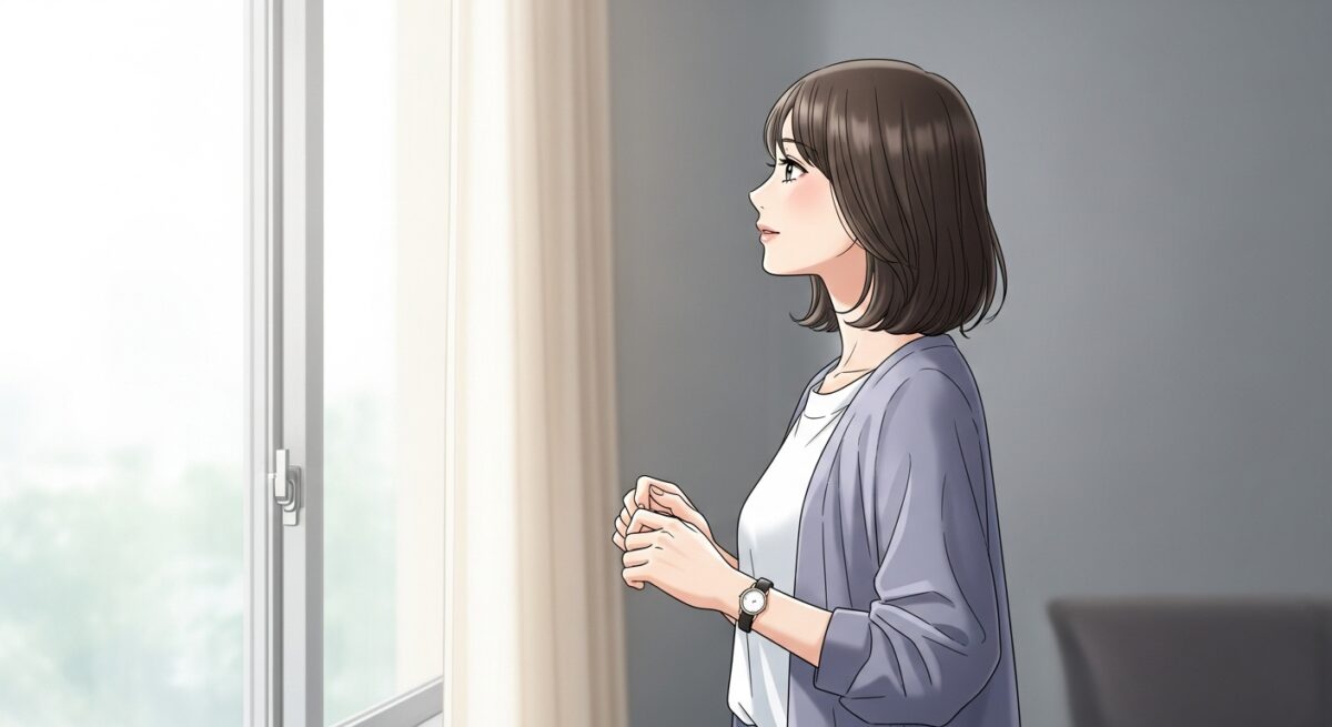 窓辺でひとり静かに物思いにふける日本人女性の繊細なイラスト