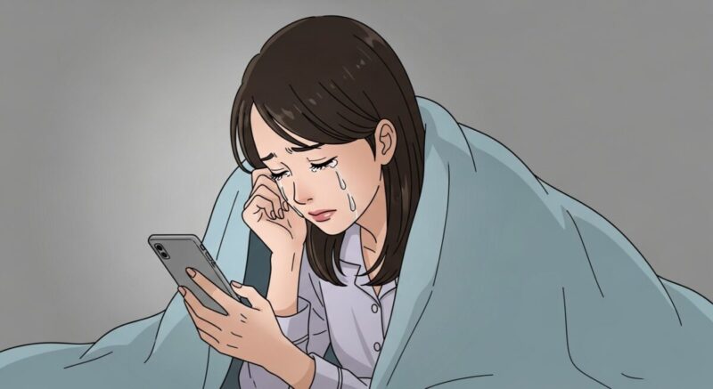 布団の中でスマホを握りしめて泣いている日本人女性の繊細なイラスト