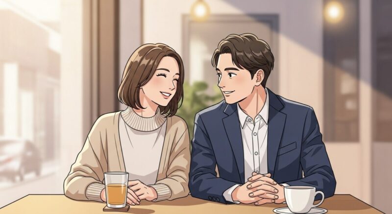 カフェで向かい合い、笑顔を交わす日本人男女の穏やかなイラスト