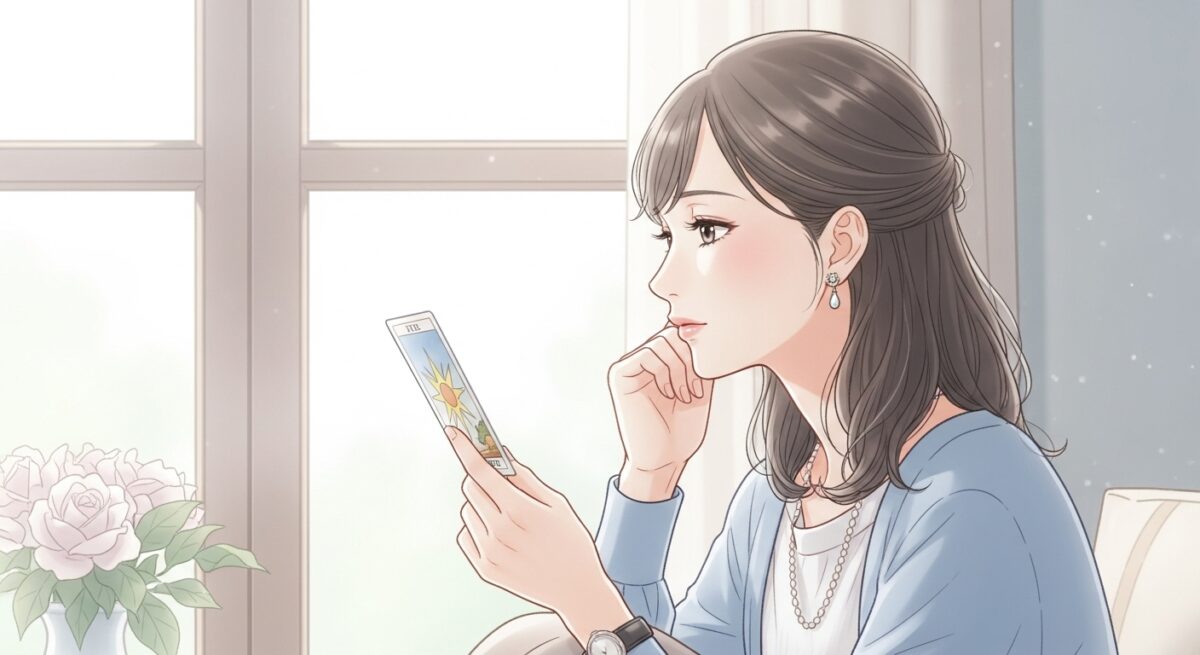 タロットカードを手に思案する大人の日本人女性の繊細なイラスト