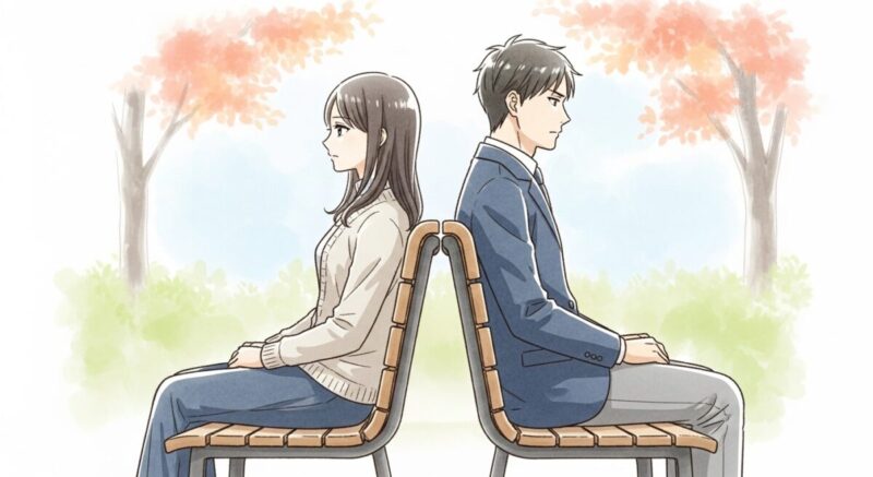 背中合わせで座る日本人カップルの、冷却期間中の距離感を描いたイラスト