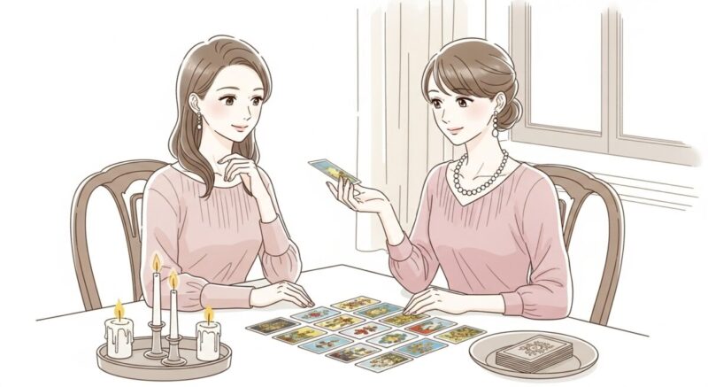 日本人女性が落ち着いた空間でタロット鑑定を受けている様子のイラスト