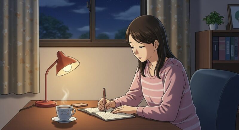 夜の部屋でノートに気持ちを書き出している日本人女性の内省的なイラスト