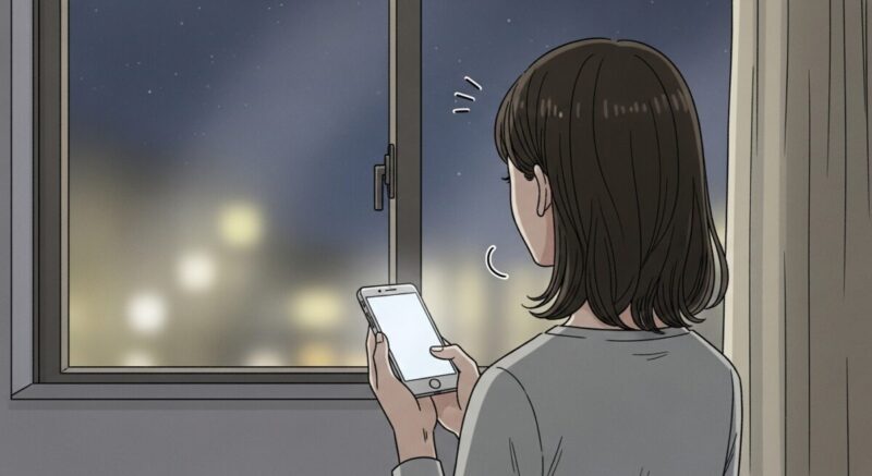 夜の窓辺でスマホを持ち、LINEを送るか迷っている日本人女性の後ろ姿イラスト