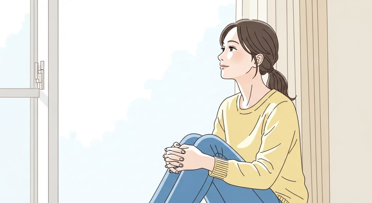 窓辺で静かに外を見つめる洋服姿の日本人女性のイラスト。落ち着いた室内で一人の時間を過ごしながら、思いを巡らせている様子が描かれている。