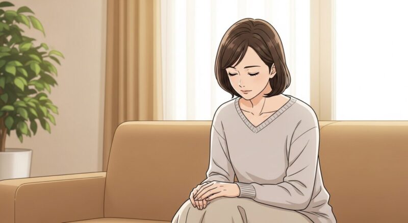 ソファに座って目を閉じ、ひとり静かに思いを巡らせている日本人女性のイラスト。