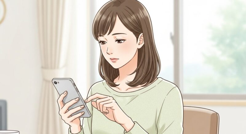 スマートフォンを持ち、メッセージを打ちながら静かに考え込む大人の日本人女性のイラスト。