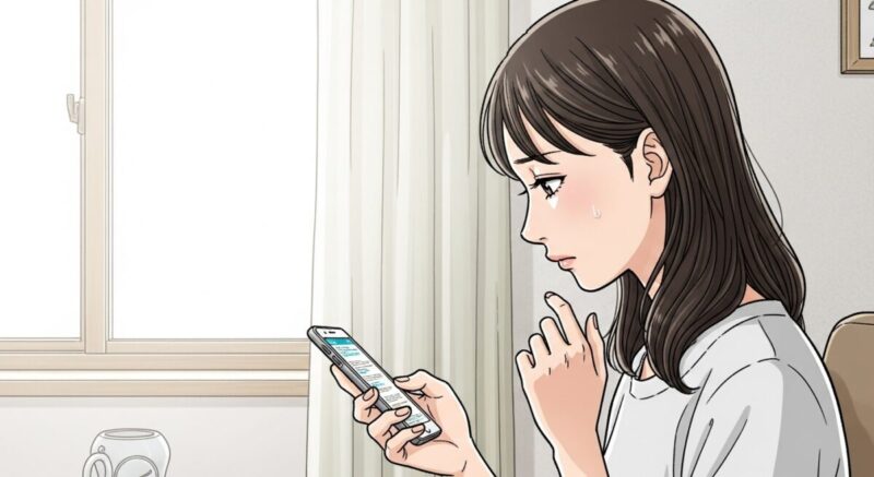 過去のLINE履歴を見返しながら、自分の言葉を思い返している日本人女性の横顔イラスト。