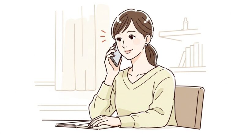 電話で占い師に相談しながら、穏やかな表情でうなずく日本人女性のイラスト。