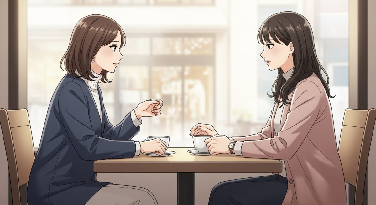 カフェで向かい合って話す2人の日本人女性のイラスト。落ち着いた雰囲気の中で相談をしている様子を描写。