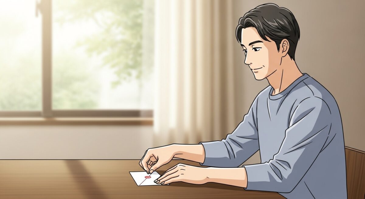 静かな決意をもって手紙をそっと机に置く日本人男性のイラスト(冷却期間後に想いを伝える前の場面)