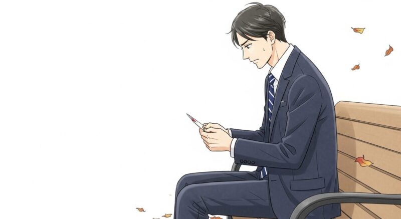 手紙を手にしてベンチに座る日本人男性の後ろ姿のイラスト(再会前の緊張したひととき)
