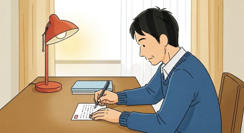 便箋に向かい、静かに手紙を書く日本人男性のイラスト(復縁への想いを綴る姿)