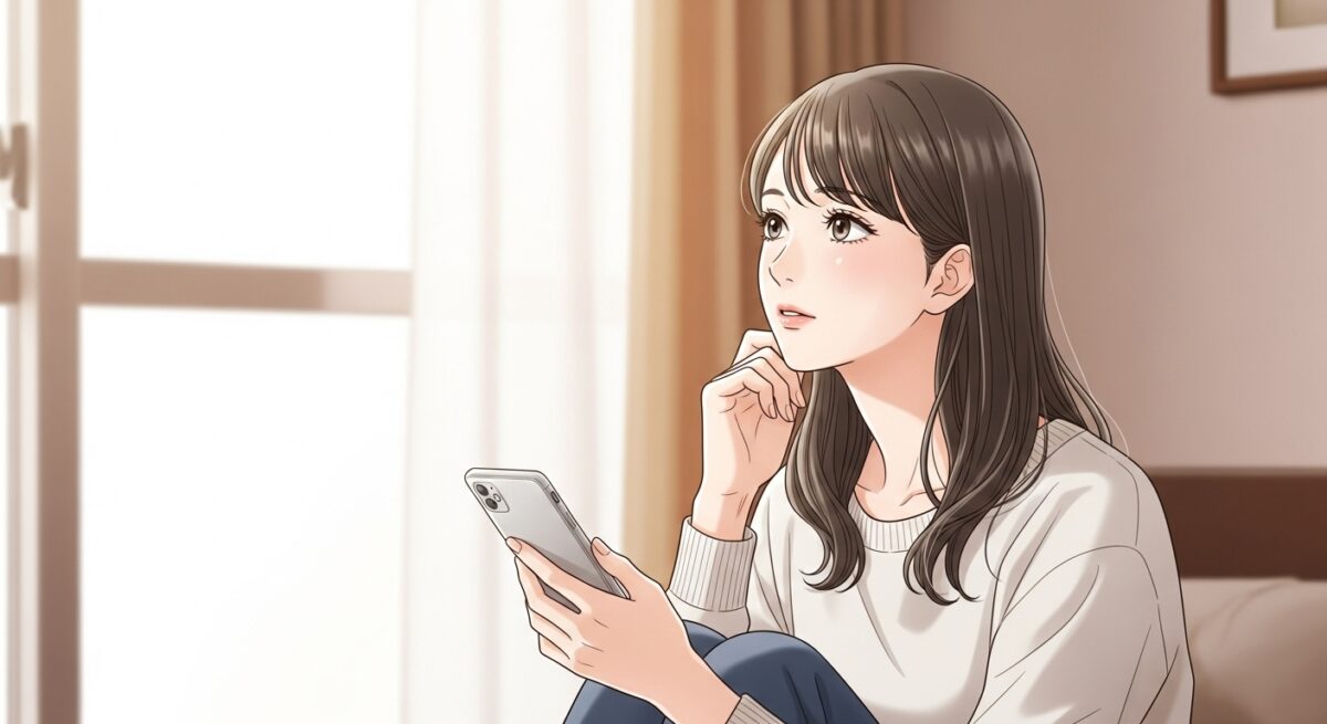 窓辺でスマホを手に思い悩む日本人女性の繊細なイラスト