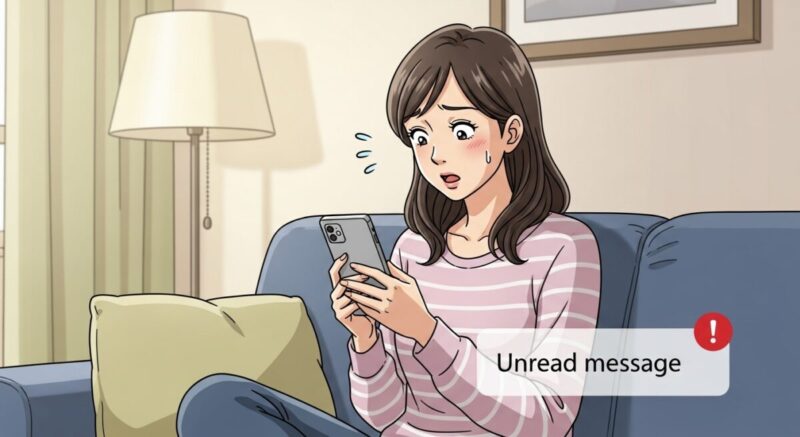 スマホを見て突然の未読に困惑する日本人女性のイラスト