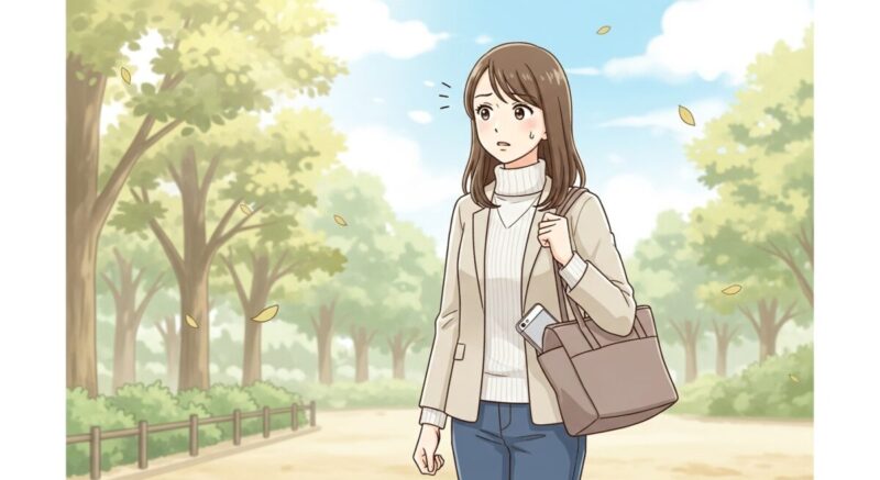 冷却期間中に連絡を絶ち、公園をひとり歩く日本人女性のイラスト
