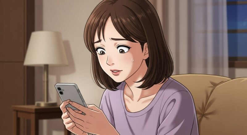 久しぶりに届いたLINEに驚く日本人女性のイラスト