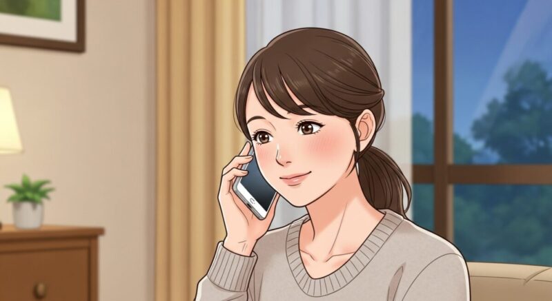 仕事終わりの彼からの電話に嬉しそうに応じる日本人女性のイラスト