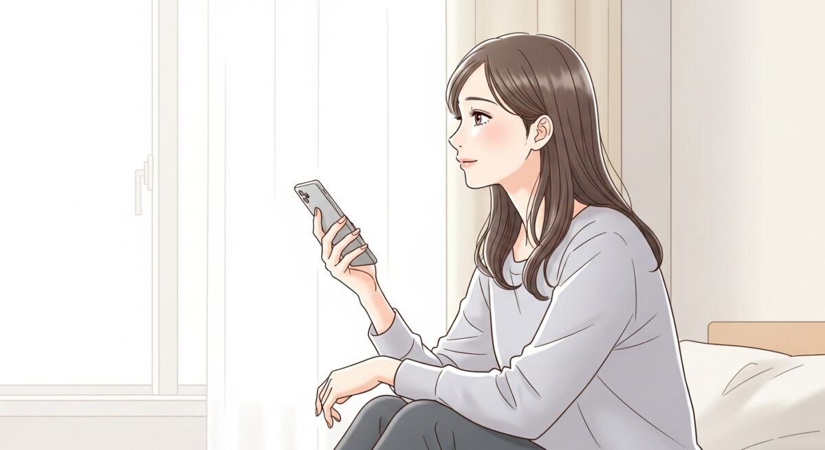 スマホを伏せた手で持ちながら、静かに窓の外を見つめる日本人女性の繊細なイラスト