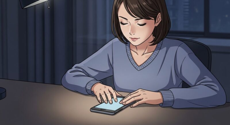スマホを伏せて机に置き、静かに目を閉じる日本人女性の穏やかな表情のイラスト