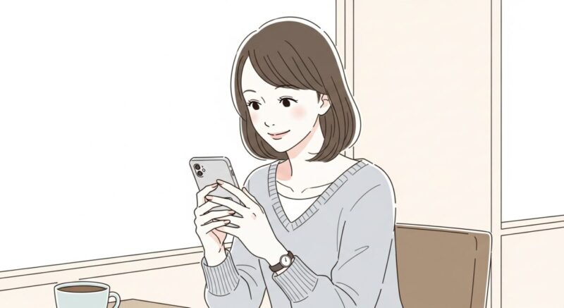 スマホの画面を見て微笑む日本人女性のやさしい表情のイラスト