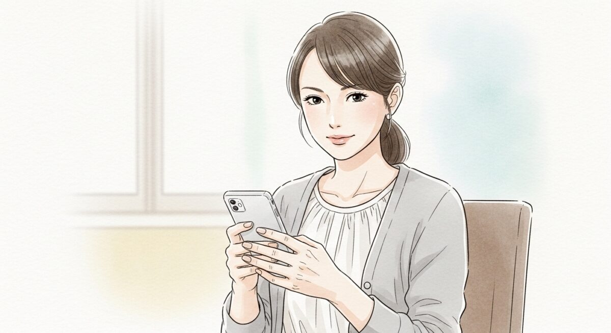落ち着いた雰囲気でスマホを持ち、悩みながらも前向きな気持ちを抱く日本人女性のイラスト