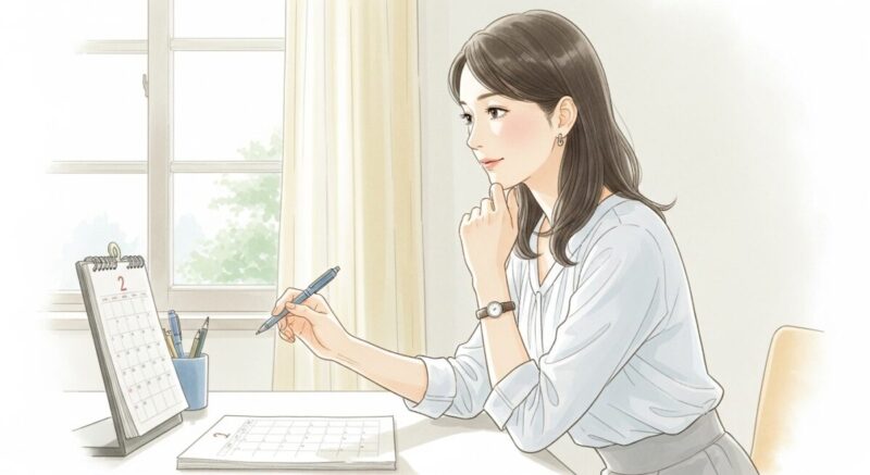 カレンダーを見つめながらメッセージの送信タイミングを考える日本人女性のイラスト