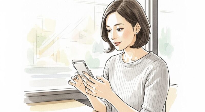 落ち着いた表情でスマホ画面にメッセージを入力する日本人女性のイラスト