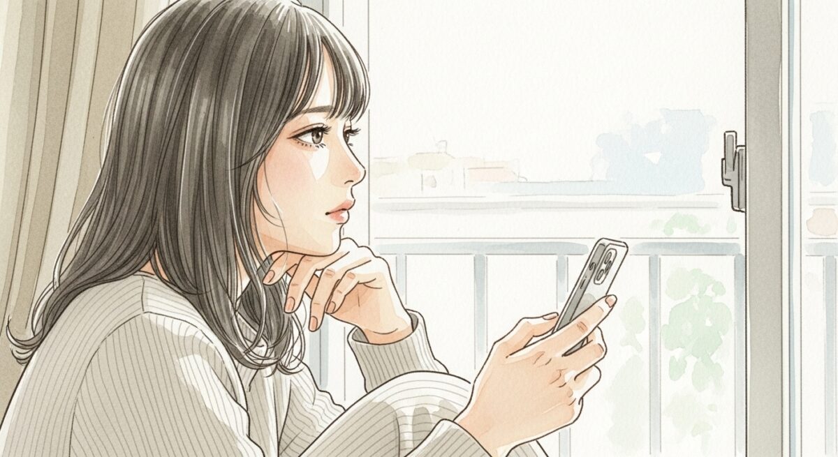 窓辺でスマホを手に考え込む20代の日本人女性の水彩風イラスト